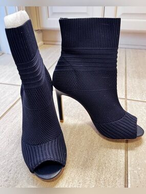 Charles By Charles David Navy Knit Peep-Toe Sock Booties